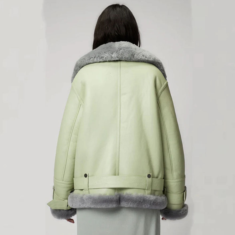 Green Women B3 Aviator Fur collar Sheepskin Styled Shearling Leather Jacket