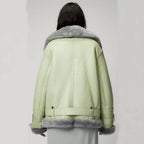 Green Women B3 Aviator Fur collar Sheepskin Styled Shearling Leather Jacket