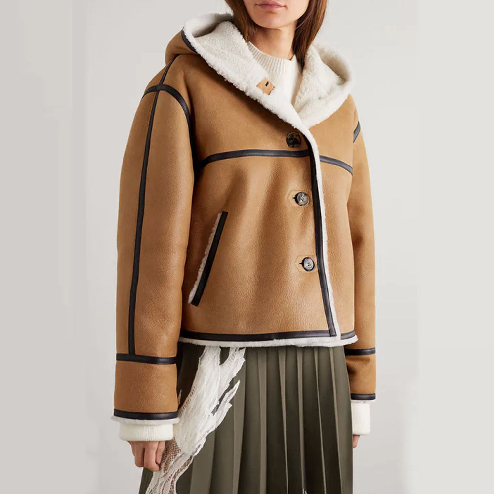Women Brown Hooded Sheepskin B3 Flight Fur Shearling Leather Jacket