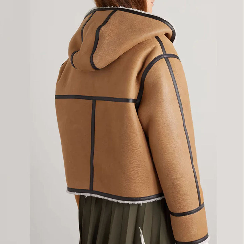 Women Brown Hooded Sheepskin B3 Flight Fur Shearling Leather Jacket
