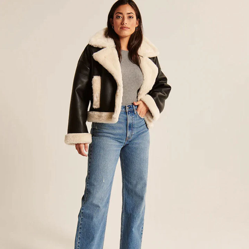 Women Black B3 Sheepskin Aviator Fur Collar Riding Shearling Leather Jacket