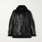 Women Black Aviator Fur Belted Sheepskin Flight Shearling Leather Jacket