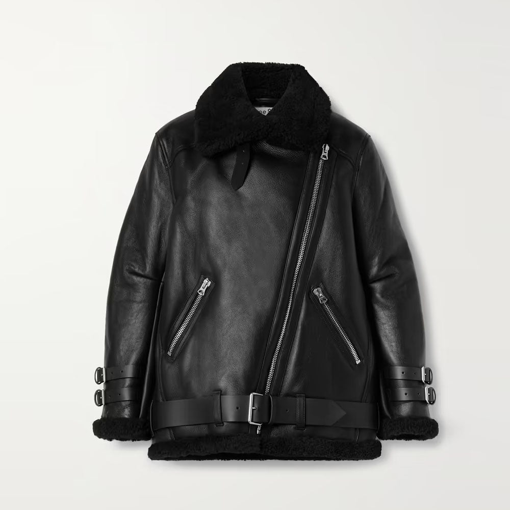 Women Black Aviator Fur Belted Sheepskin Flight Shearling Leather Jacket