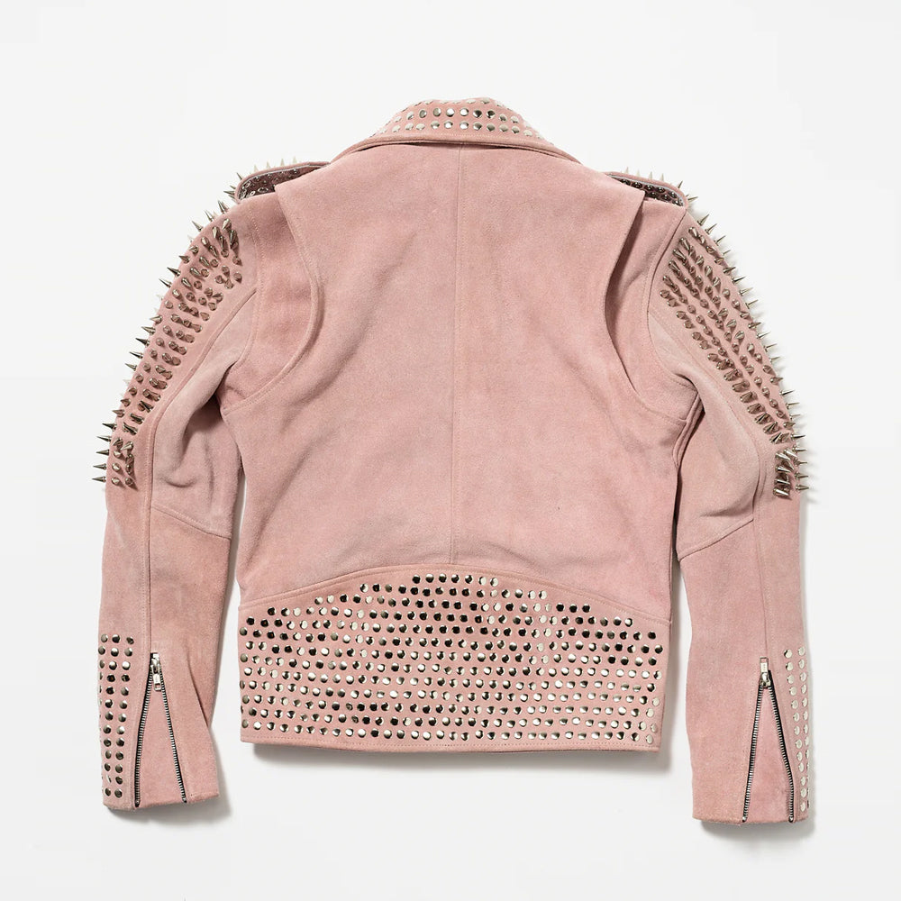 Women Pink Studded Suede Leather Spiked Jacket