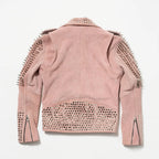 Women Pink Studded Suede Leather Spiked Jacket