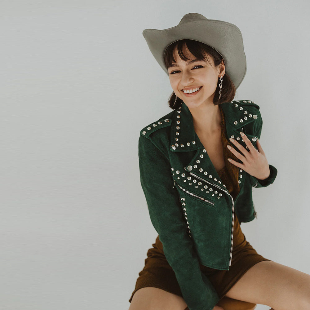 Green Spiked Suede Leather Studded Jacket For women