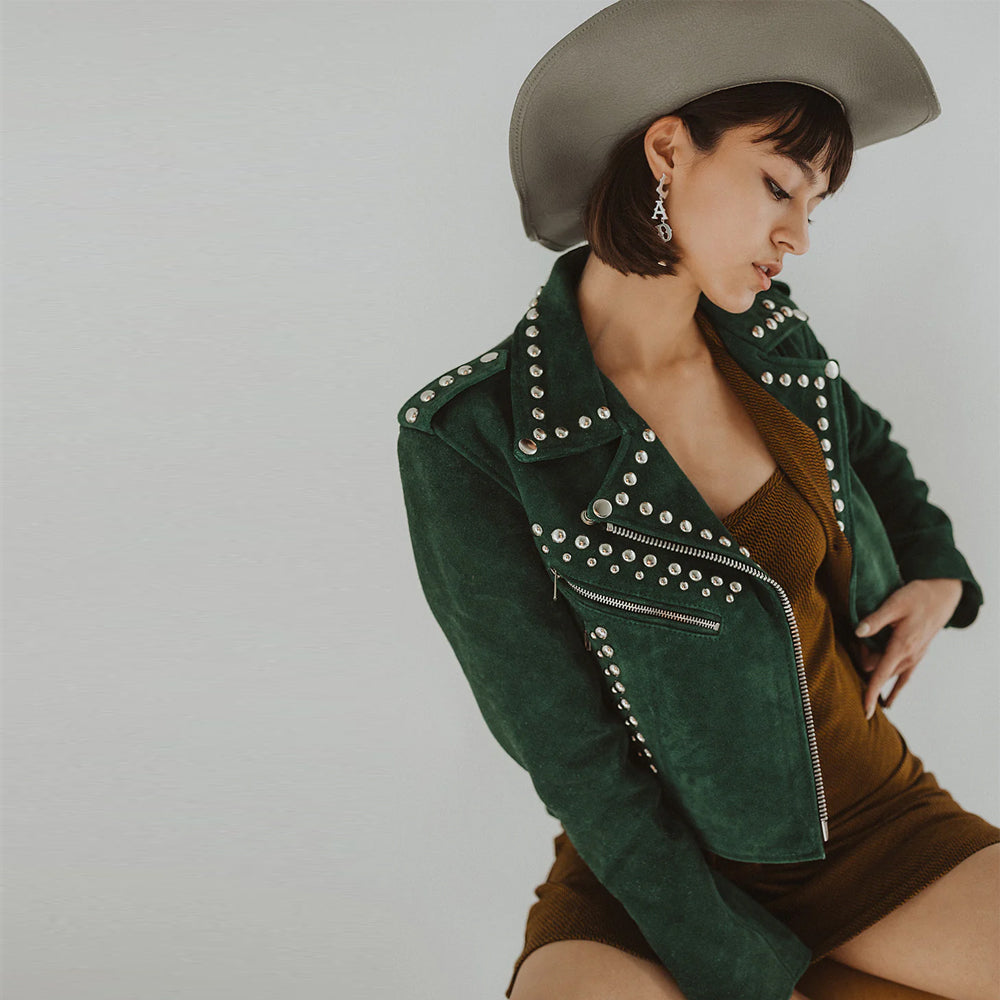 Green Spiked Suede Leather Studded Jacket For women