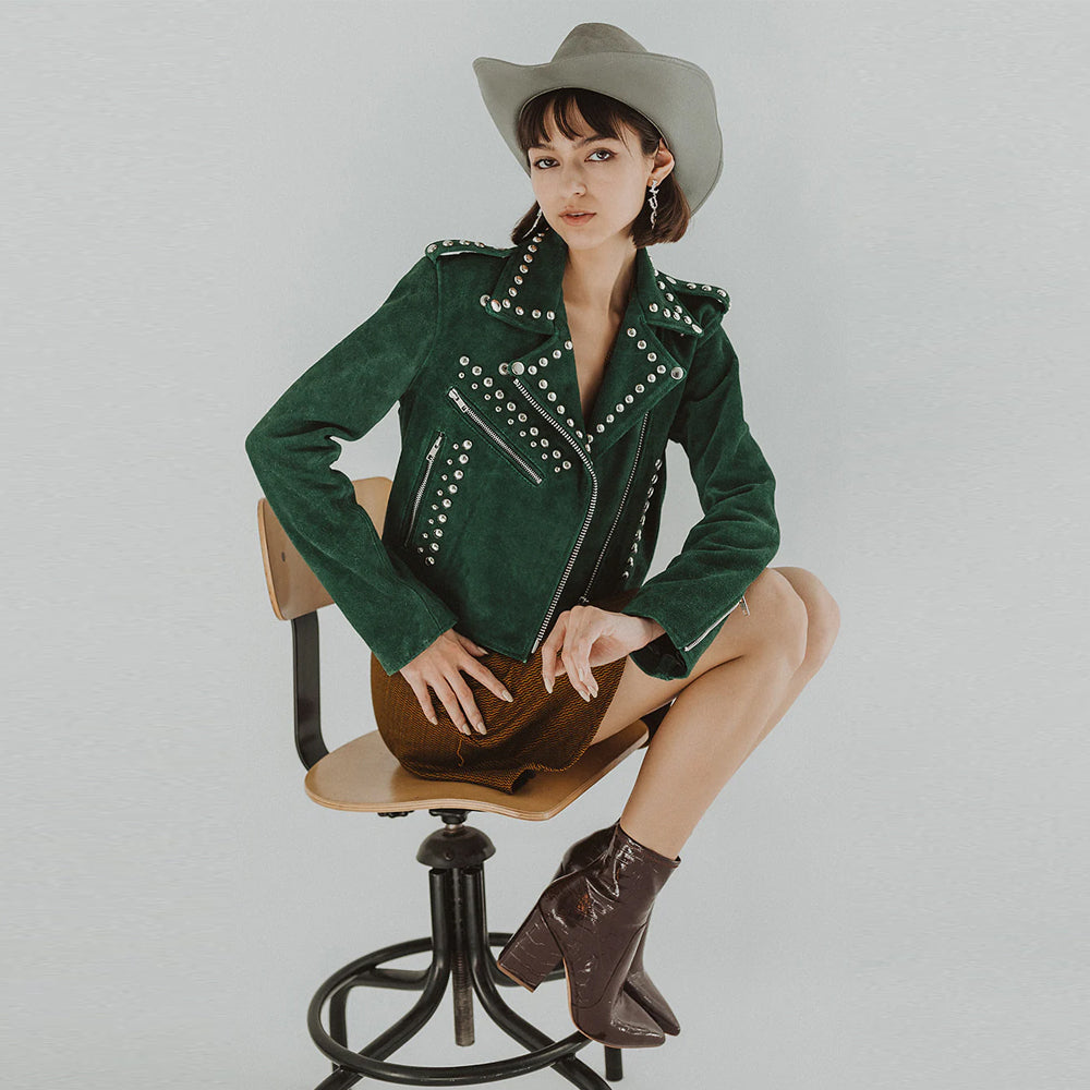 Green Spiked Suede Leather Studded Jacket For women