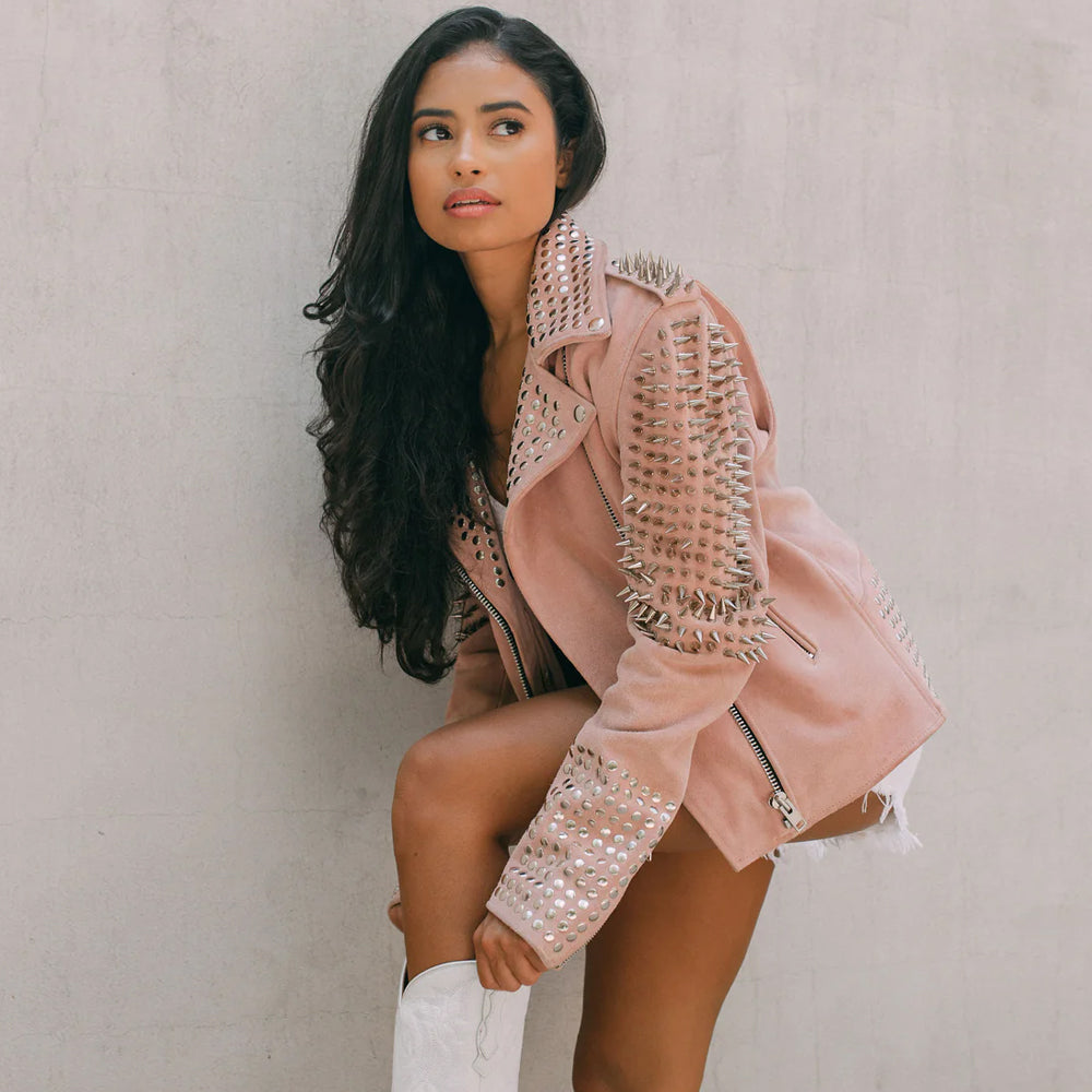 Women Pink Studded Suede Leather Spiked Jacket
