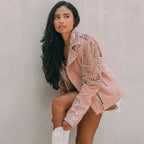 Women Pink Studded Suede Leather Spiked Jacket