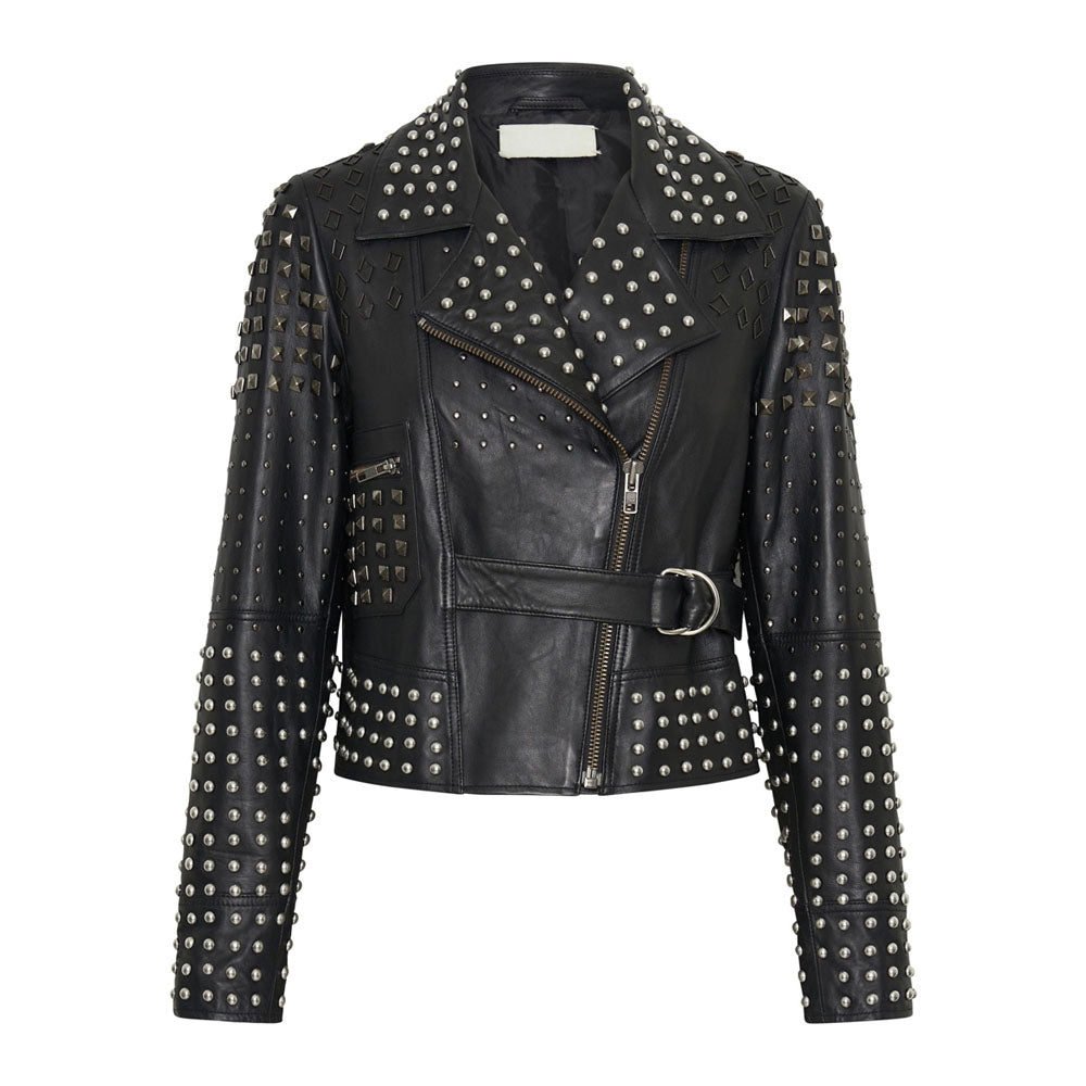 Women Black Studded Motorbike Spiked Leather Jacket