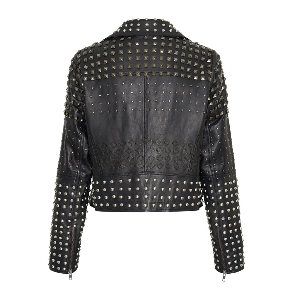 Women Black Studded Motorbike Spiked Leather Jacket