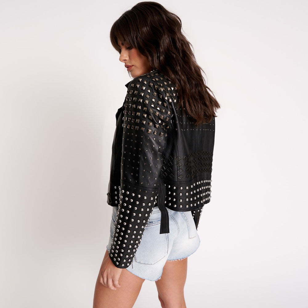 Women Black Studded Motorbike Spiked Leather Jacket