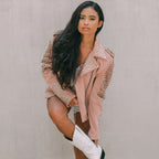 Women Pink Studded Suede Leather Spiked Jacket