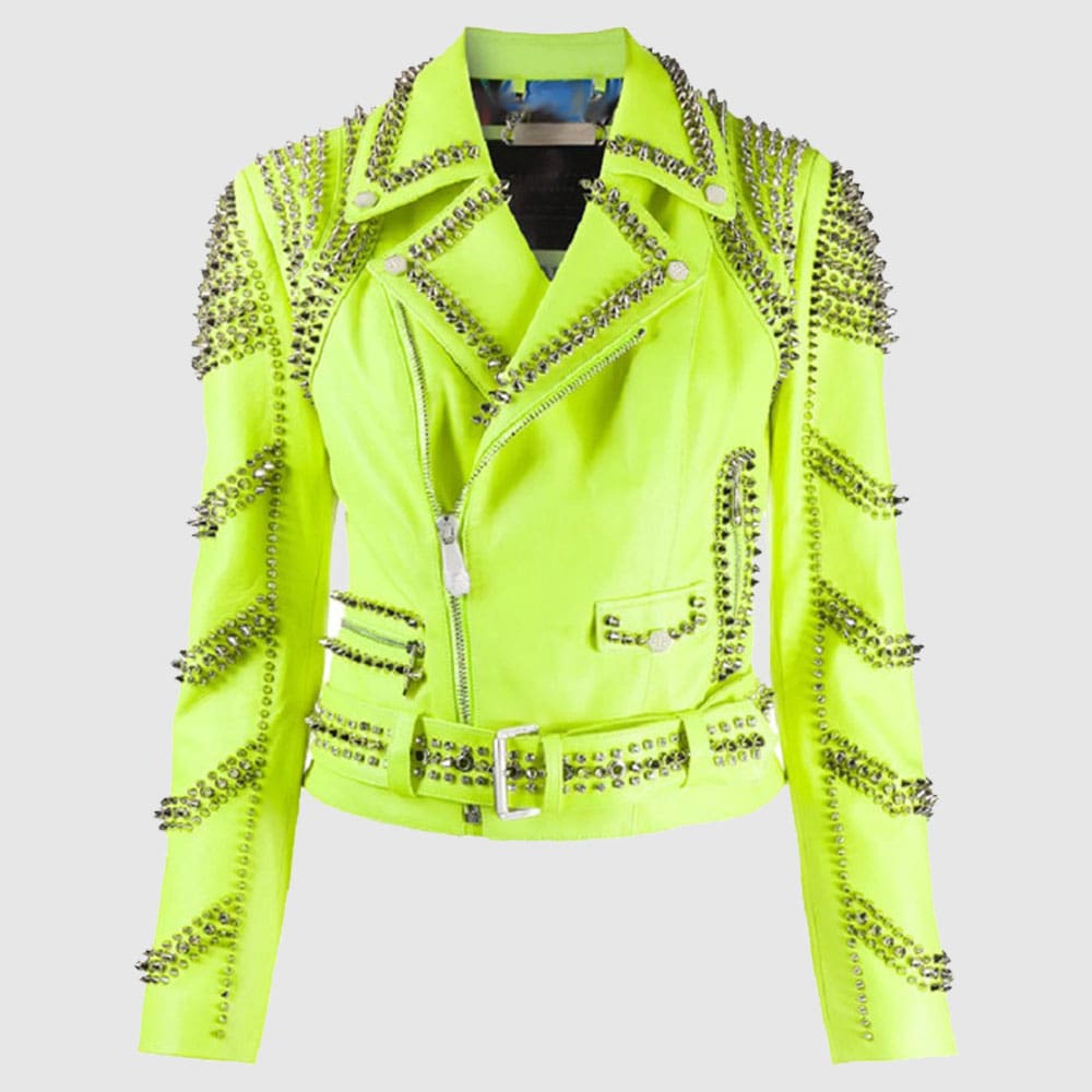 New Women Brando Green Spiked Leather Lapel Fastener Studded Biker Jacket