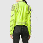 New Women Brando Green Spiked Leather Lapel Fastener Studded Biker Jacket