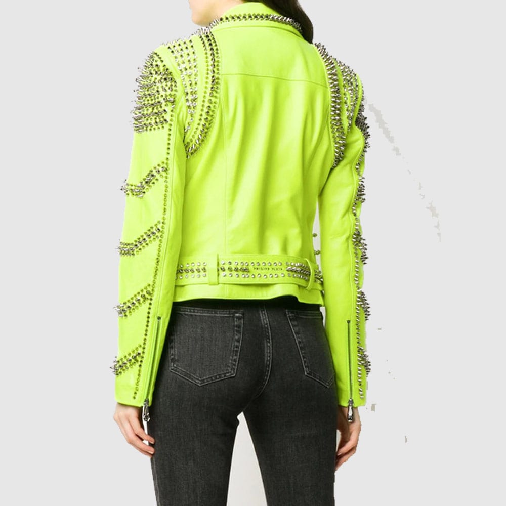 New Women Brando Green Spiked Leather Lapel Fastener Studded Biker Jacket