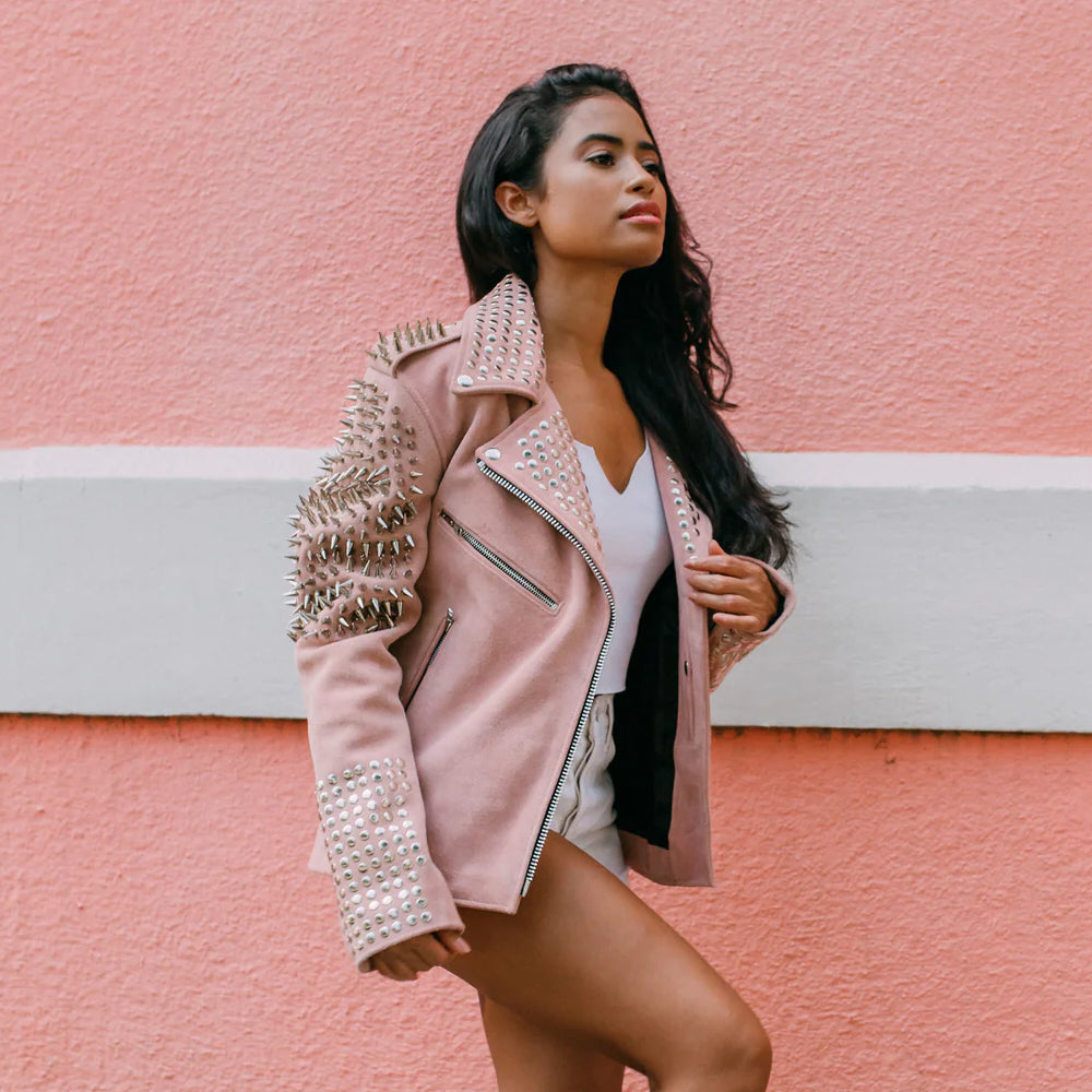Women Pink Studded Suede Leather Spiked Jacket