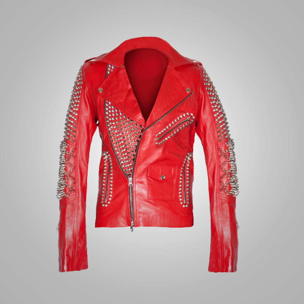 Women Brando Red Leather Motorcycle Studded Style Biker Jacket