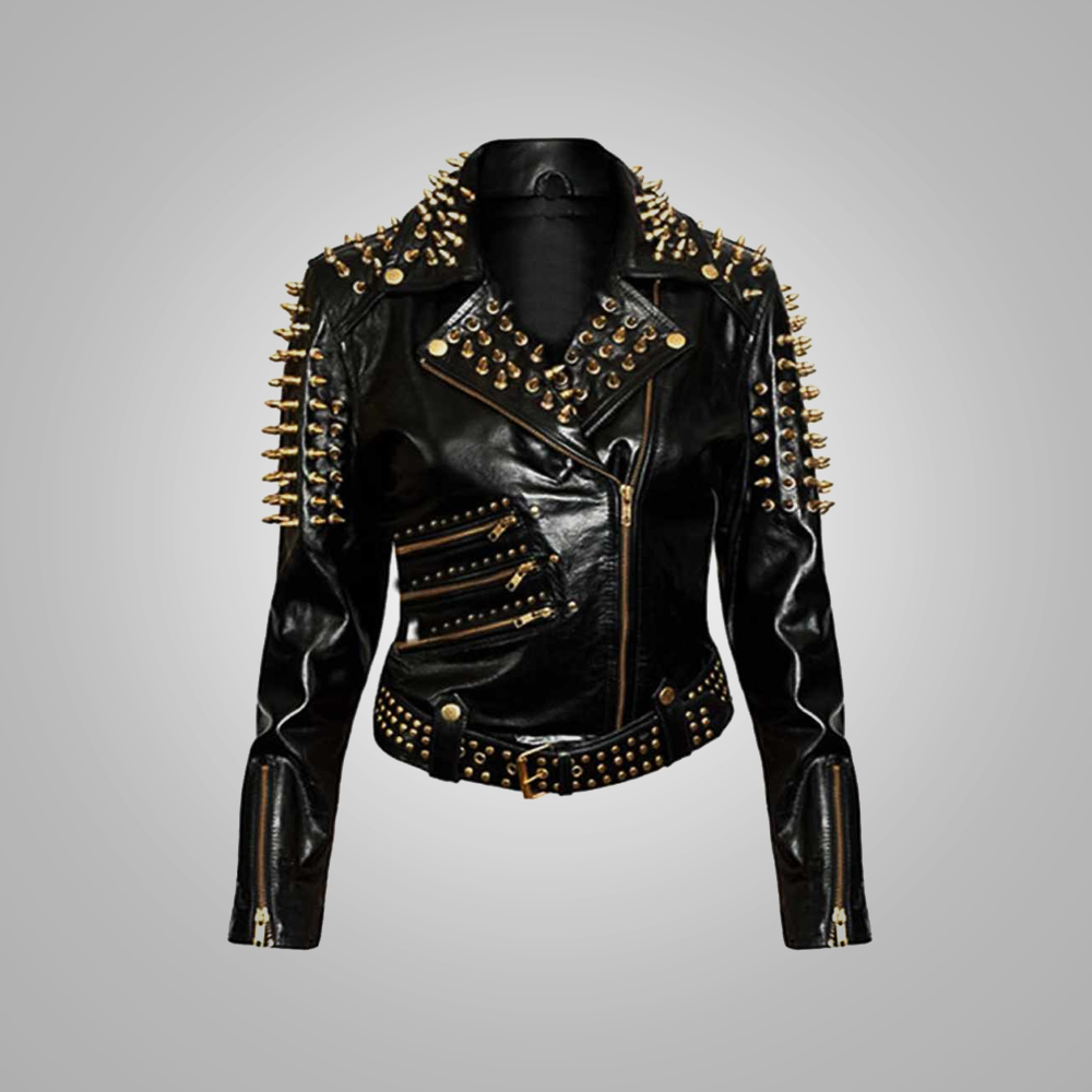 New Women Black Gold Spiked Studded Motorcycle Biker Fashion Leather Jacket