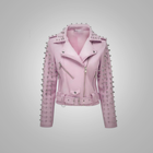 New Women Hot Pink Motorcycle Sheepskin Leather Spiked Studded Jacket
