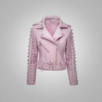New Women Hot Pink Motorcycle Sheepskin Leather Spiked Studded Jacket