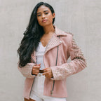 Women Pink Studded Suede Leather Spiked Jacket