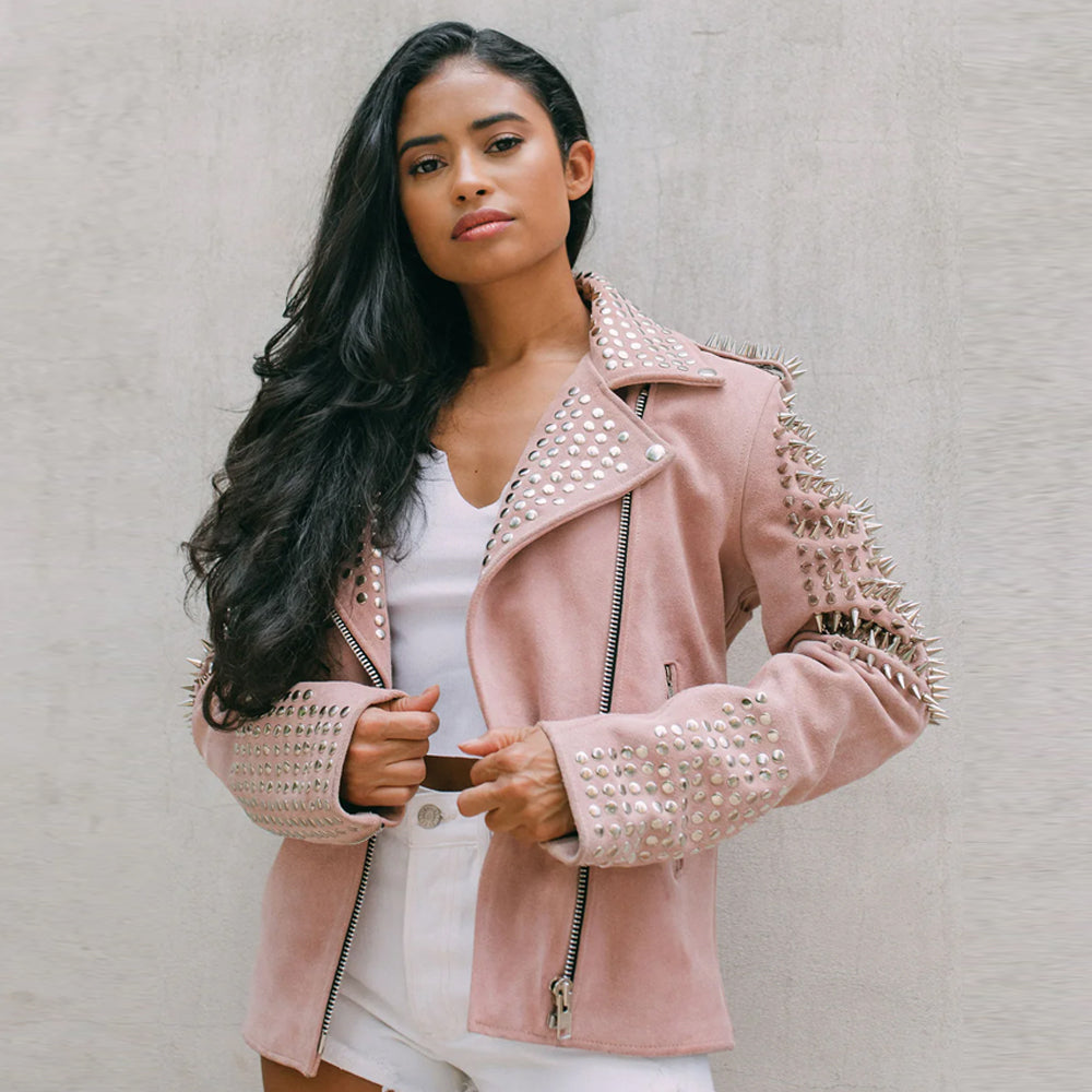 Women Pink Studded Suede Leather Spiked Jacket