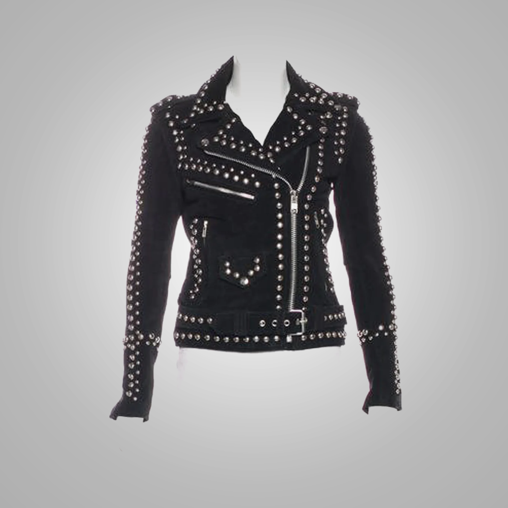 Women Black Leather Motorcycle Spiked Studded Leather Jacket