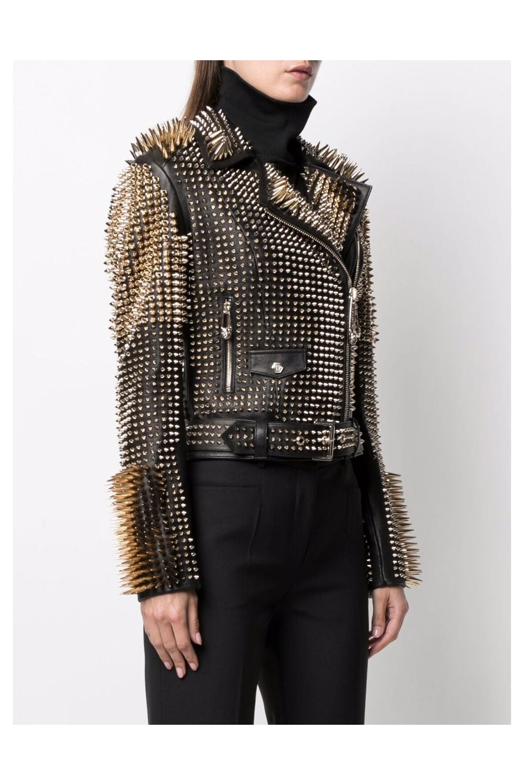 New Women Black Motorcycle style Silver Long Spiked Studded Leather Biker Jacket
