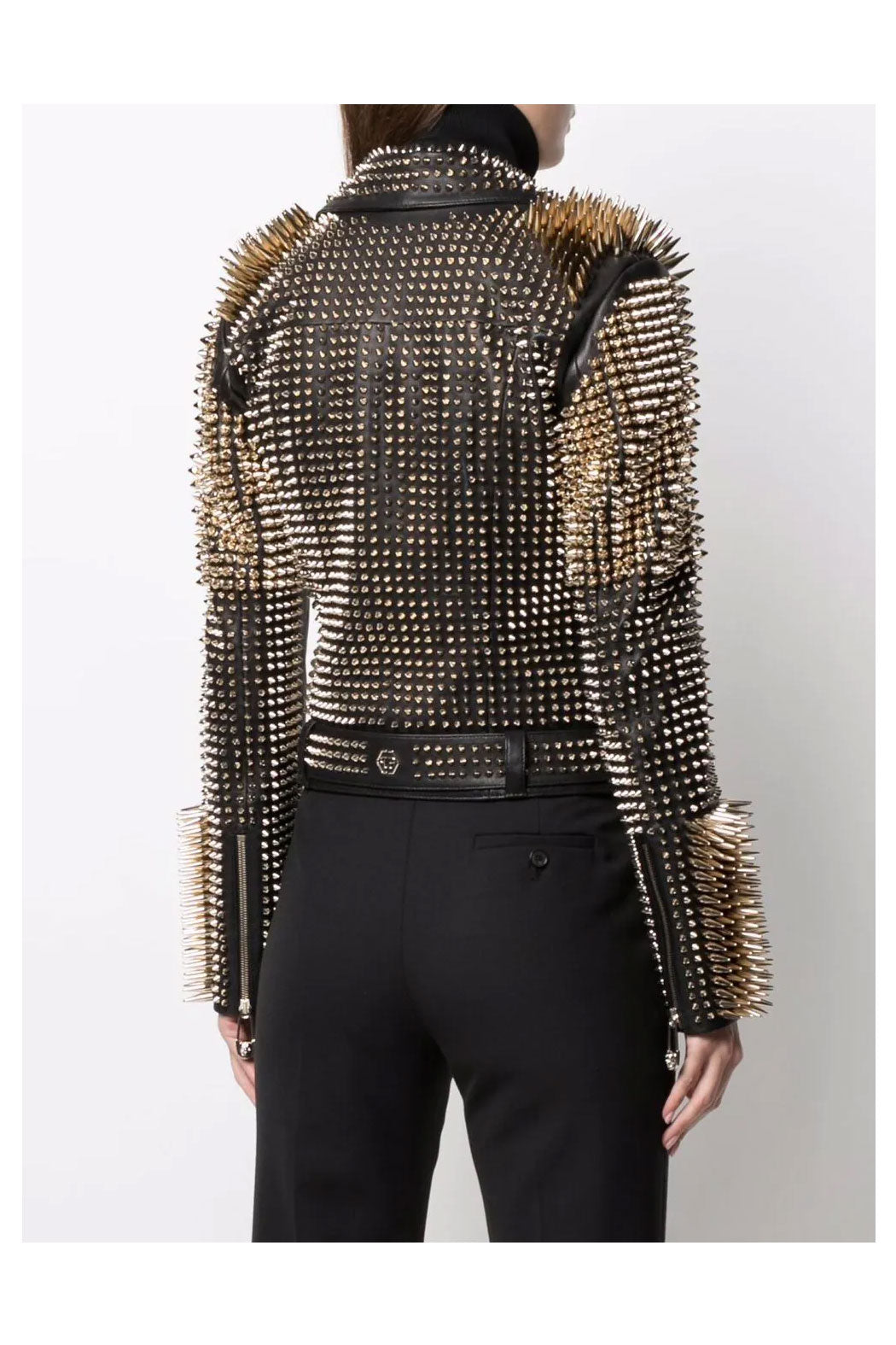 New Women Black Motorcycle style Silver Long Spiked Studded Leather Biker Jacket