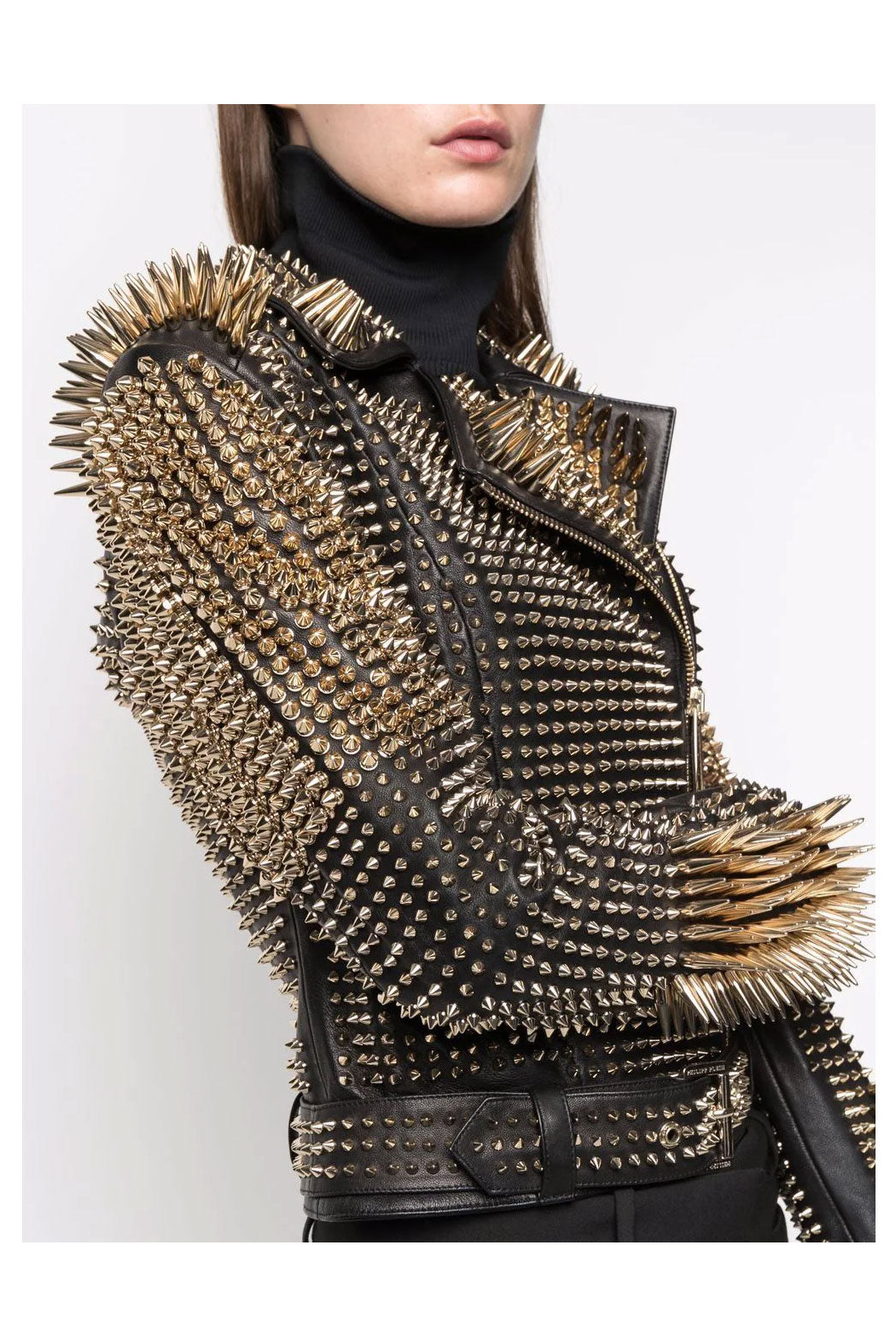 New Women Black Motorcycle style Silver Long Spiked Studded Leather Biker Jacket