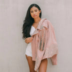 Women Pink Studded Suede Leather Spiked Jacket