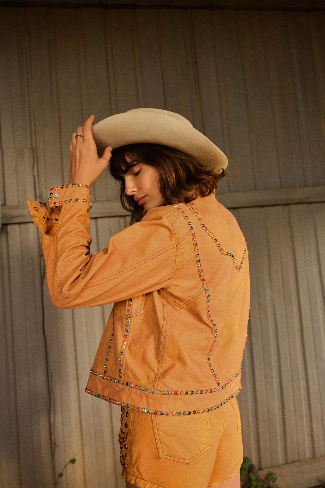 Women Style Silver Studded Brown Suede Sheepskin Leather Jacket