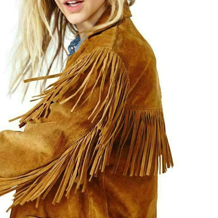 Women Western Suede Button Sheepskin Leather Long Fringed Coat
