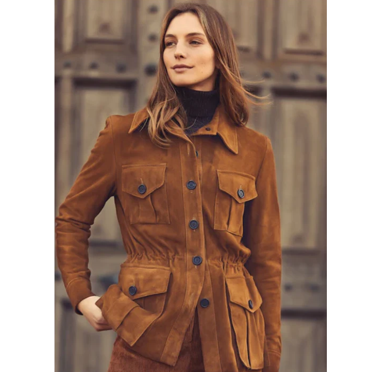 Brown Women’s Suede Sheepskin Leather Button Coat