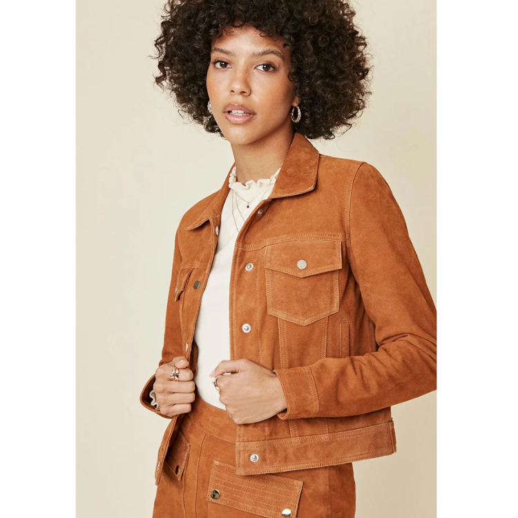 New Women’s Western Lambskin Brown Suede Leather Trucker Jacket