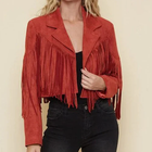 Women Style Red Western Suede Goatskin Leather Jacket with Long Fringe