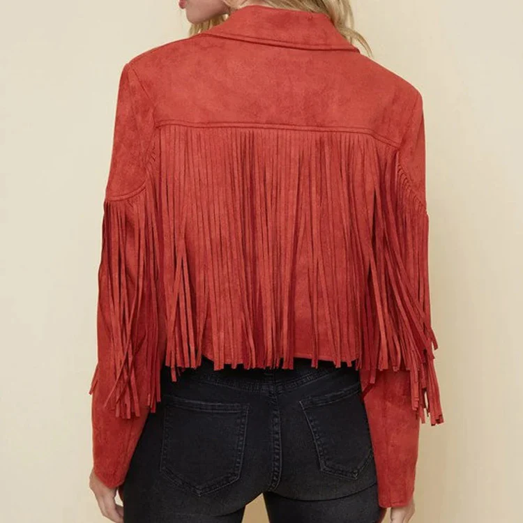 Women Style Red Western Suede Goatskin Leather Jacket with Long Fringe