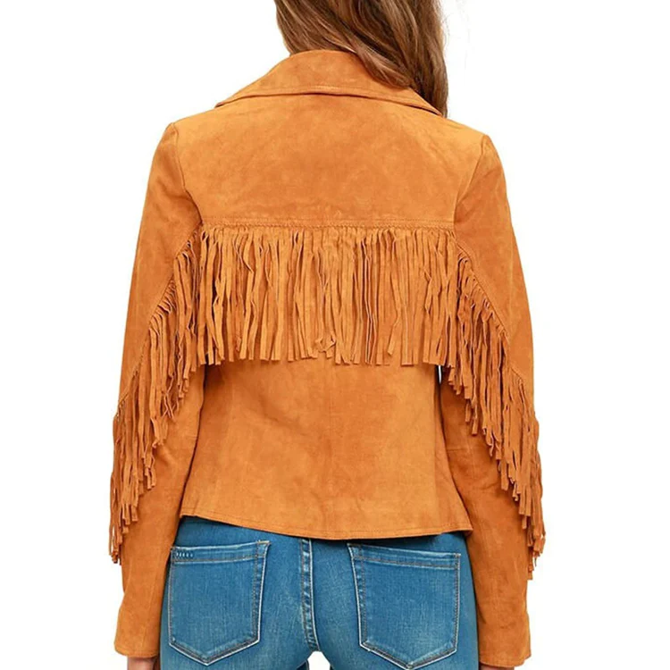 Women's Brown Western Genuine Cowboy Suede Leather Fringed Jacket