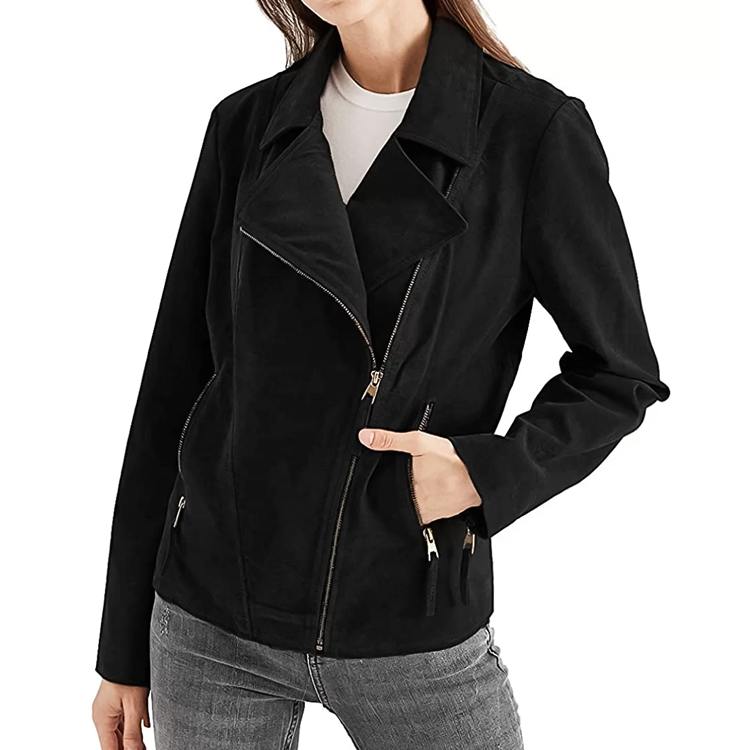 New Black Suede sheepskin Leather Biker Jacket For Women