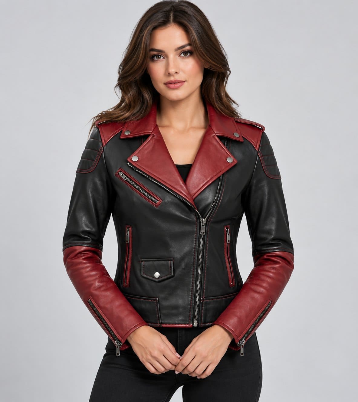 Women’s Black & Red Genuine Leather Biker Motorcycle Jacket