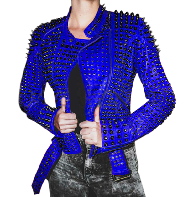 Women Motorcycle Punk Heavy Metal Spiked Tonal Black Studded Red Leather Jacket