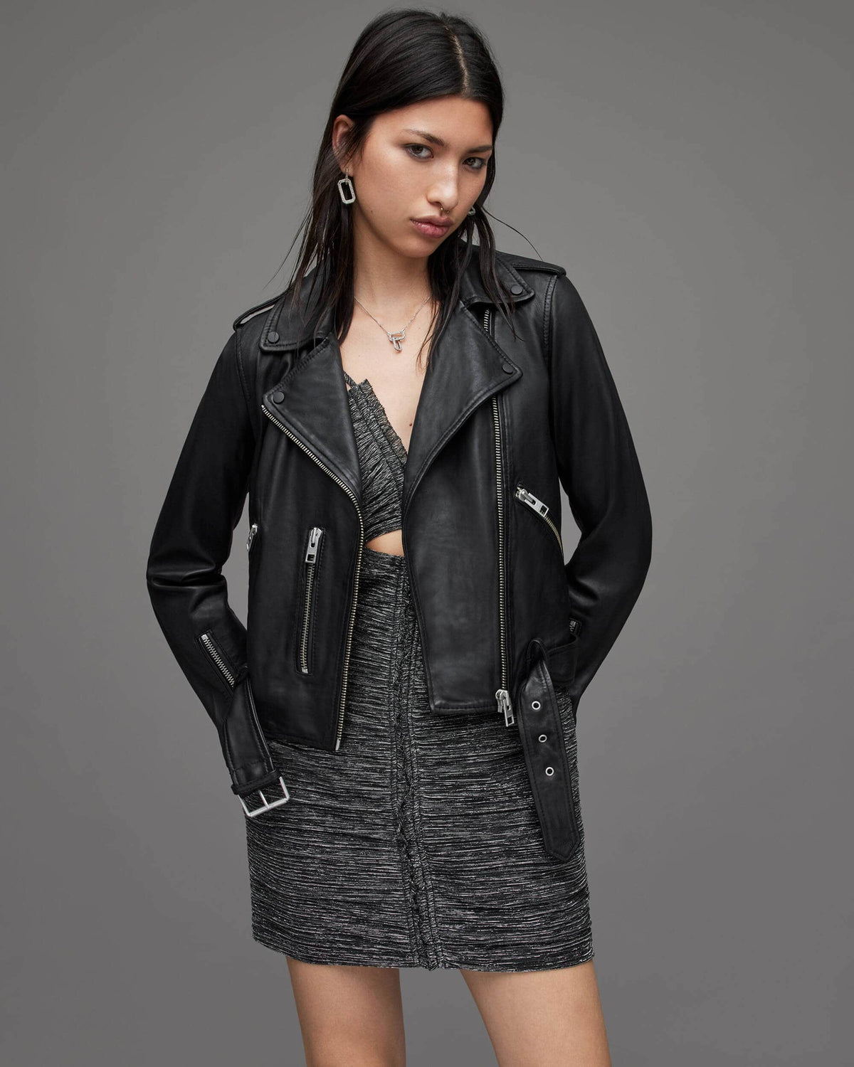 Women's Black Biker Leather Jacket with Belt