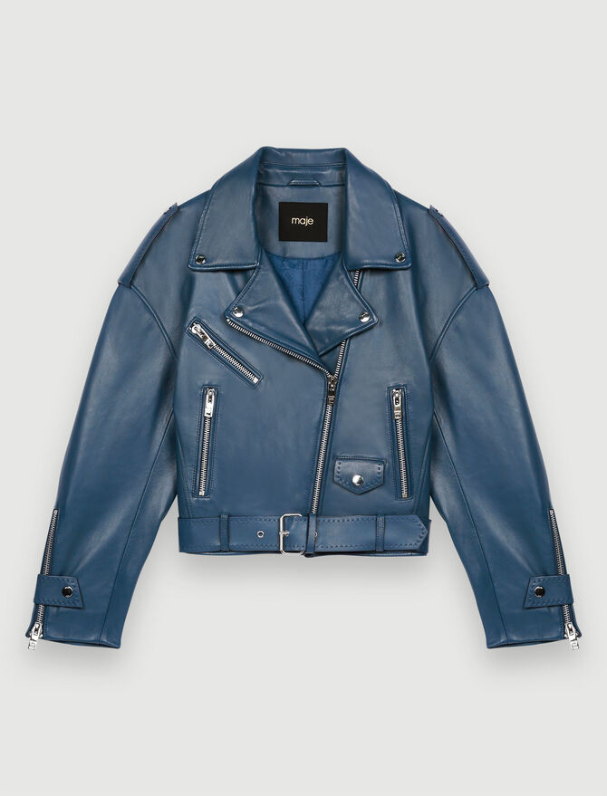 Women's Wine Blue Biker Leather Jacket With Belt