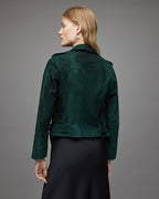 Women's Royal Green Suede Biker Leather Jacket With Belt