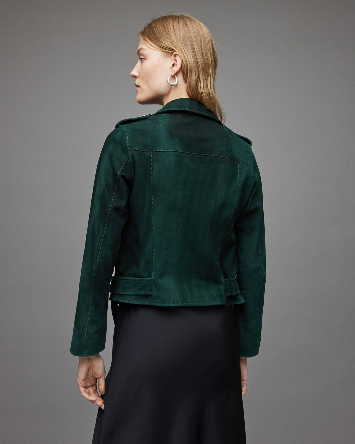 Women's Royal Green Suede Biker Leather Jacket With Belt