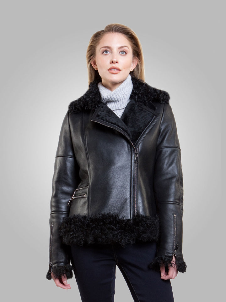 Women’s Black Leather Black Shearling Big Collared Jacket