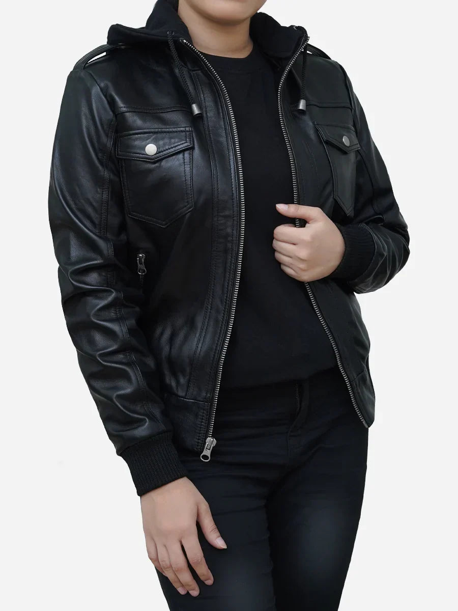 Womens Black Bomber Leather Jacket