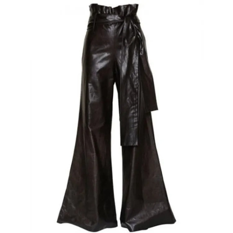 Women's Black Vintage Wide-Leg Leather Trousers